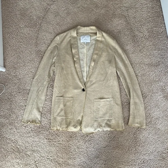 Adam Lippes- Gold Metallic Linen and Silk Cardigan Sweater - Picture 2 of 11